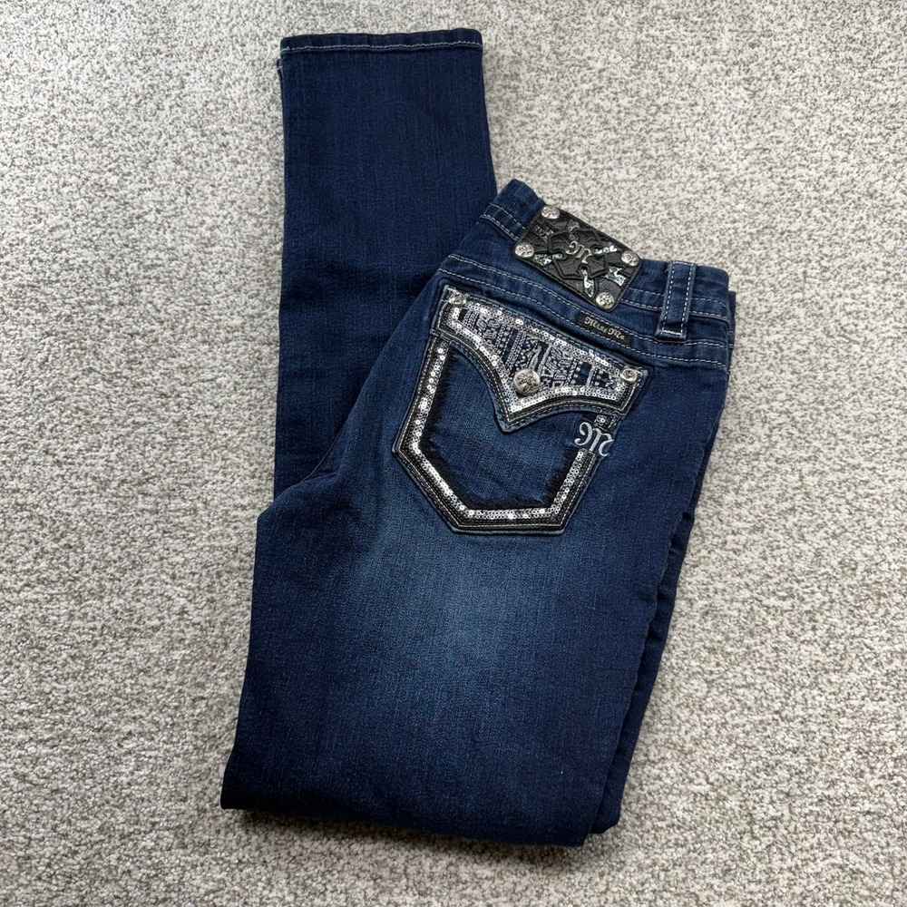 Women's Miss Me Dark Wash Blue Mid-Rise Easy Skinny Embellished Jeans Size 28x33